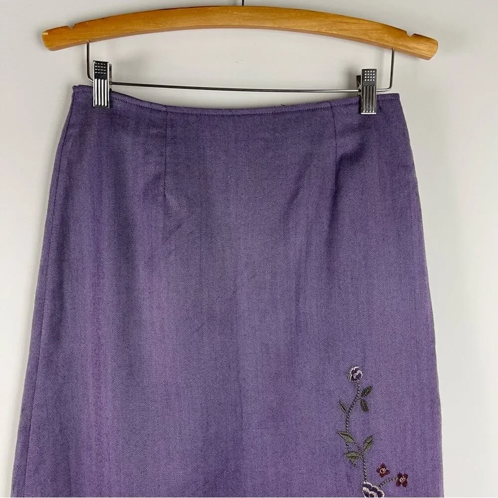 Vintage purple wool floral embroidered cottagecore herringbone midi skirt